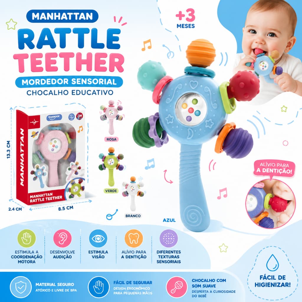 Mordedor Sensorial Bebê Chocalho Manhattan Rattle Teether Educativo Montessori