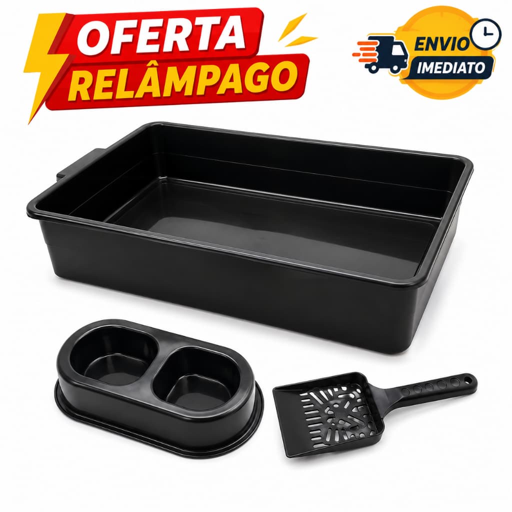 Kit Bandeja de Areia para Gatos 3 em 1 Bandeja + Comedouro + Pá Higiênica Fun Cat