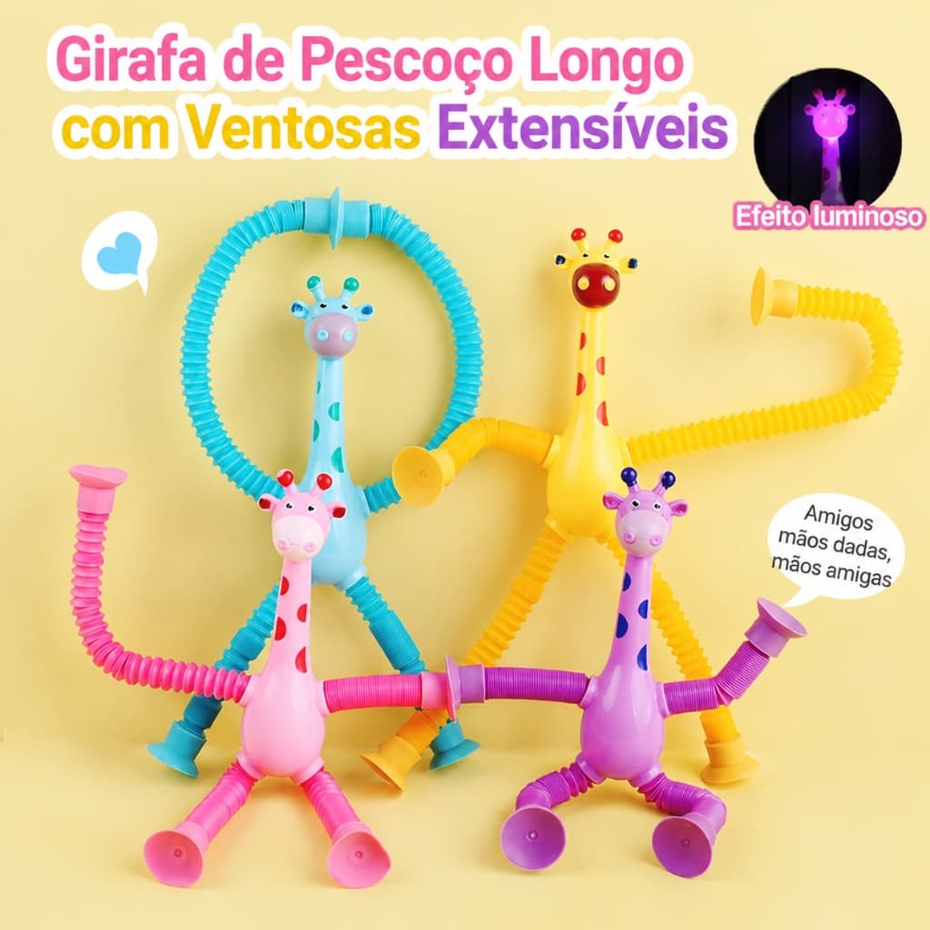 Brinquedo Girafa Pop Tubo com Luz LED Ventosa Telescópico Esticável Fidget Sensorial Anti Stress Presente Infantil