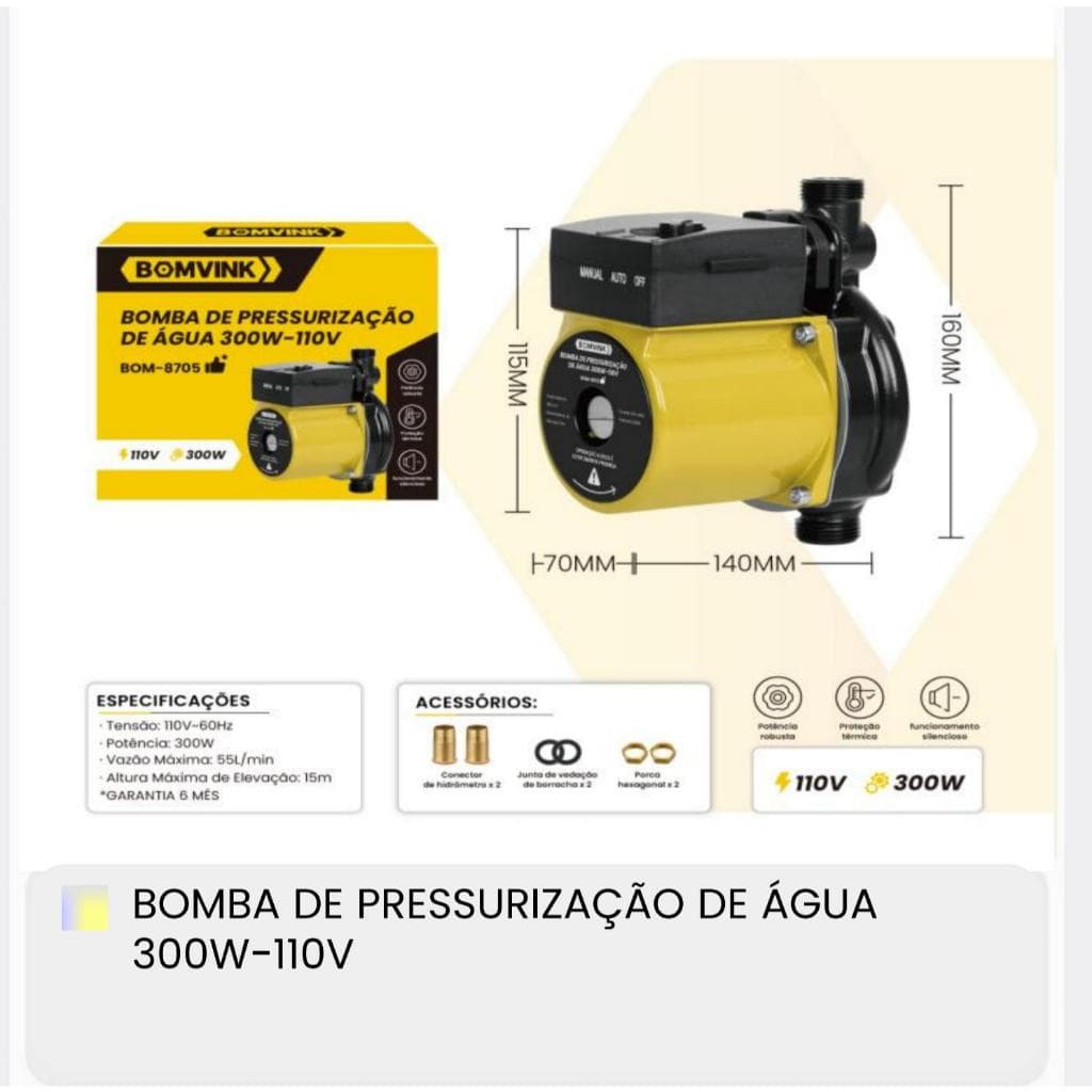 Bomba de Pressurização de Água 300W 110V Silenciosa para Casa e Aquecedor