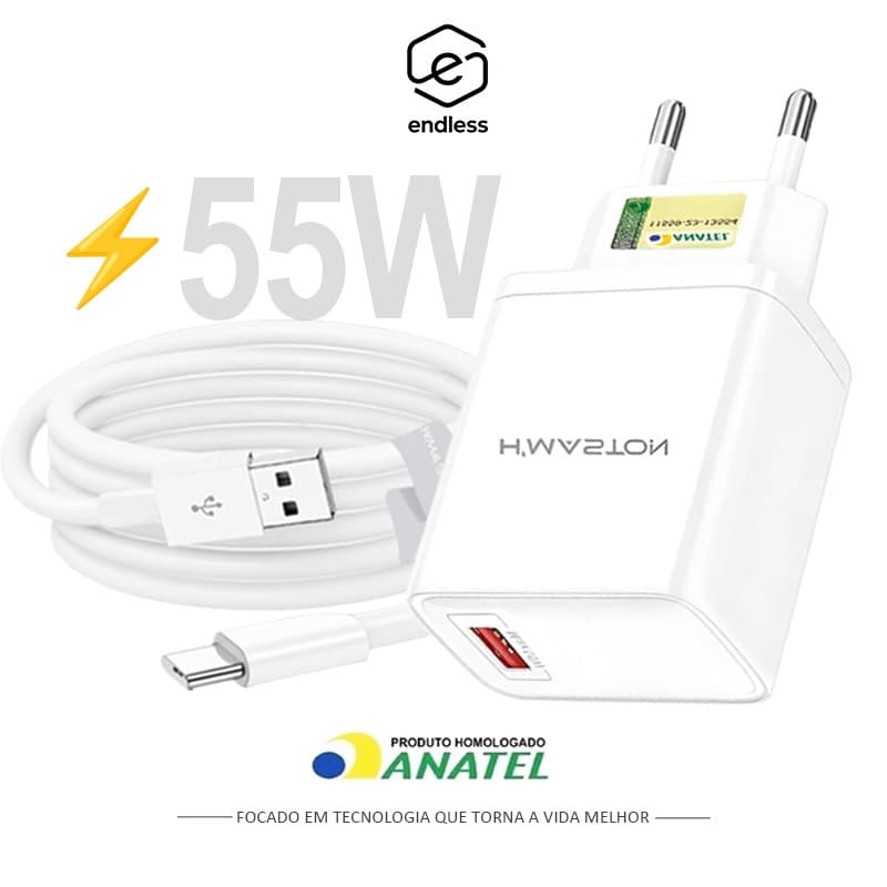 Carregador Turbo celular PD 55W USB-A com Cabo TIPO-C USB-C Bivolt carregador rápido ANATEL
