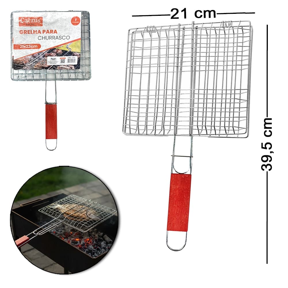GRELHA ARAMADO PARA CHURRASCO CABO MADEIRA 39,5X21X1,5CM