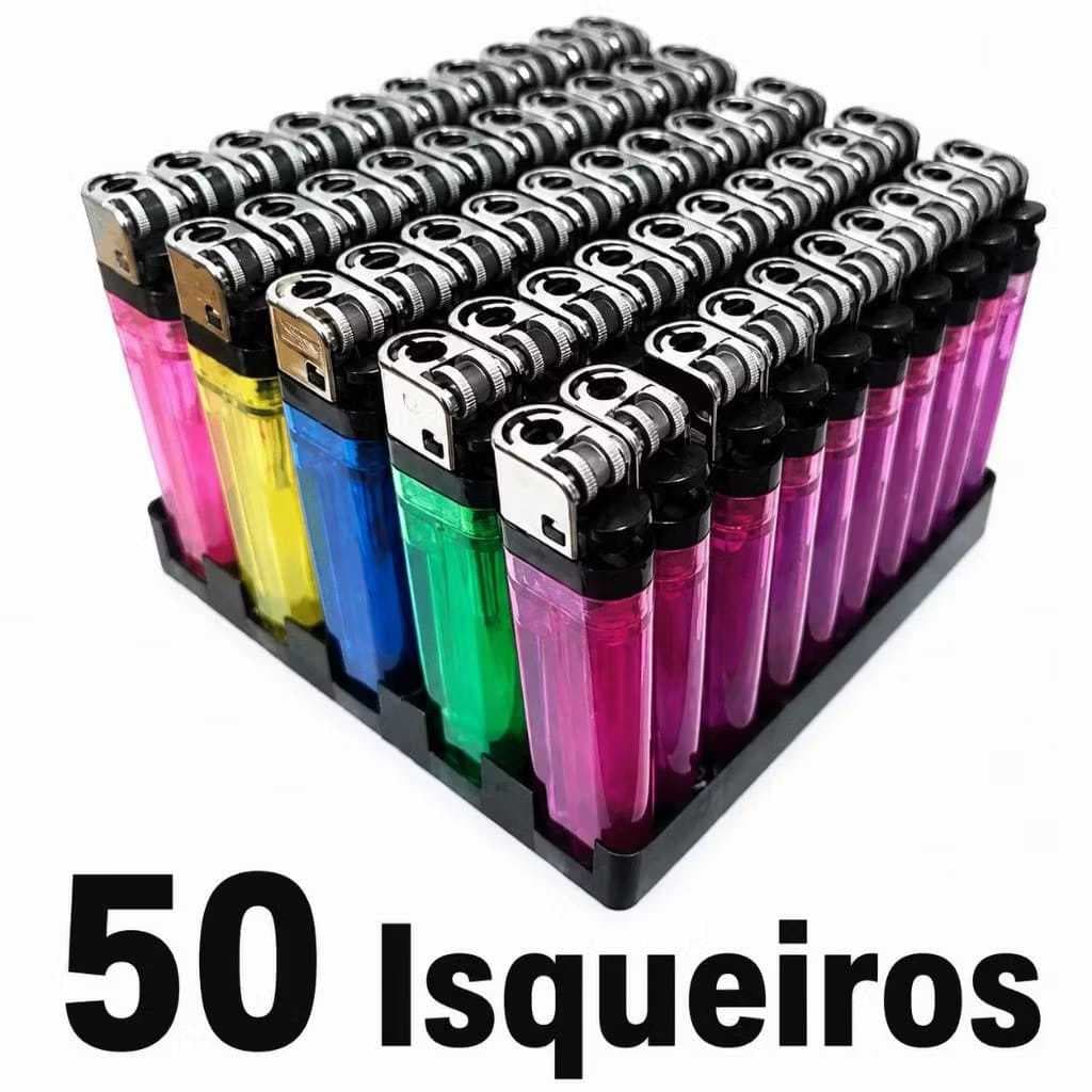 Kit 50 Isqueiros Simples Coloridos Recarregável Para Comércio, Bares e Restaurante Sem Gás pronto para uso