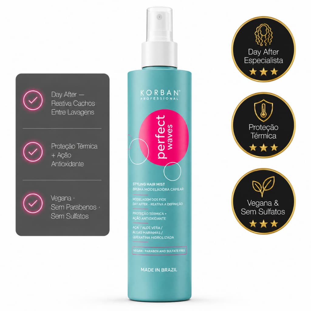 Spray Modelador Cachos Ondulados 250ml Day After Bruma Proteção Térmica Açaí Aloe Vera Korban