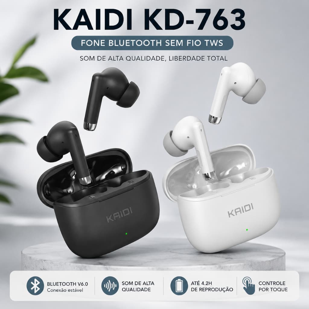 Fone de Ouvido Bluetooth Com Estojo Carregador Tipo C Kaidi KD-763 Original TWS 5.1 Gamer Esportivo Academia Corrida