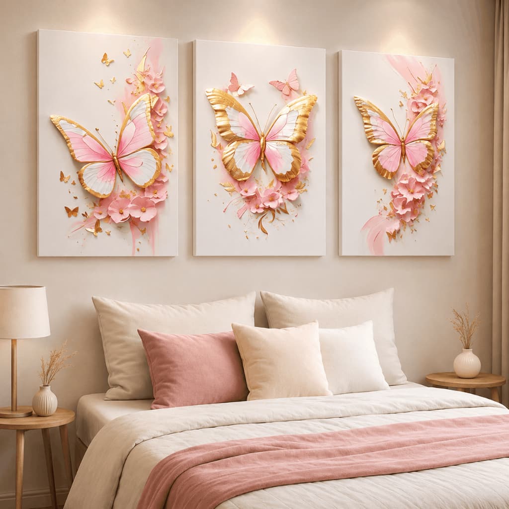 Kit 3 Quadros Decorativos Borboletas Rosa e Dourado Floral para Quarto Feminino Moderno Luxo