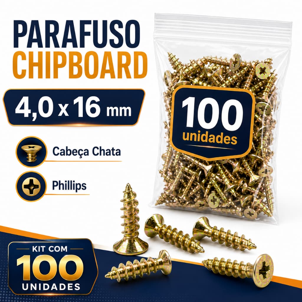 Kit 100 Parafusos Chipboard 4,0x16 Madeira Cabeça Chata Alta Fixação