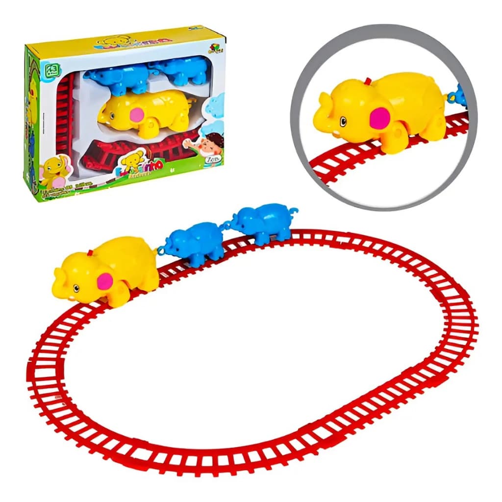 Trenzinho Elefantinho Infantil com Trilhos Brinquedo Educativo 3 Vagões +3 Anos