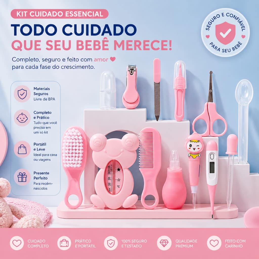 Kit Higiene Bebê Completo 13 Peças com Termômetro Digital Estojo Portátil Recém-Nascido