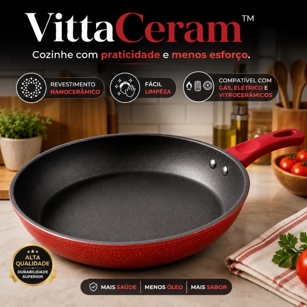 Frigideira Antiaderente Nanocerâmica 24cm VittaCeram™ Vermelha Revestimento Premium Fácil Limpeza
