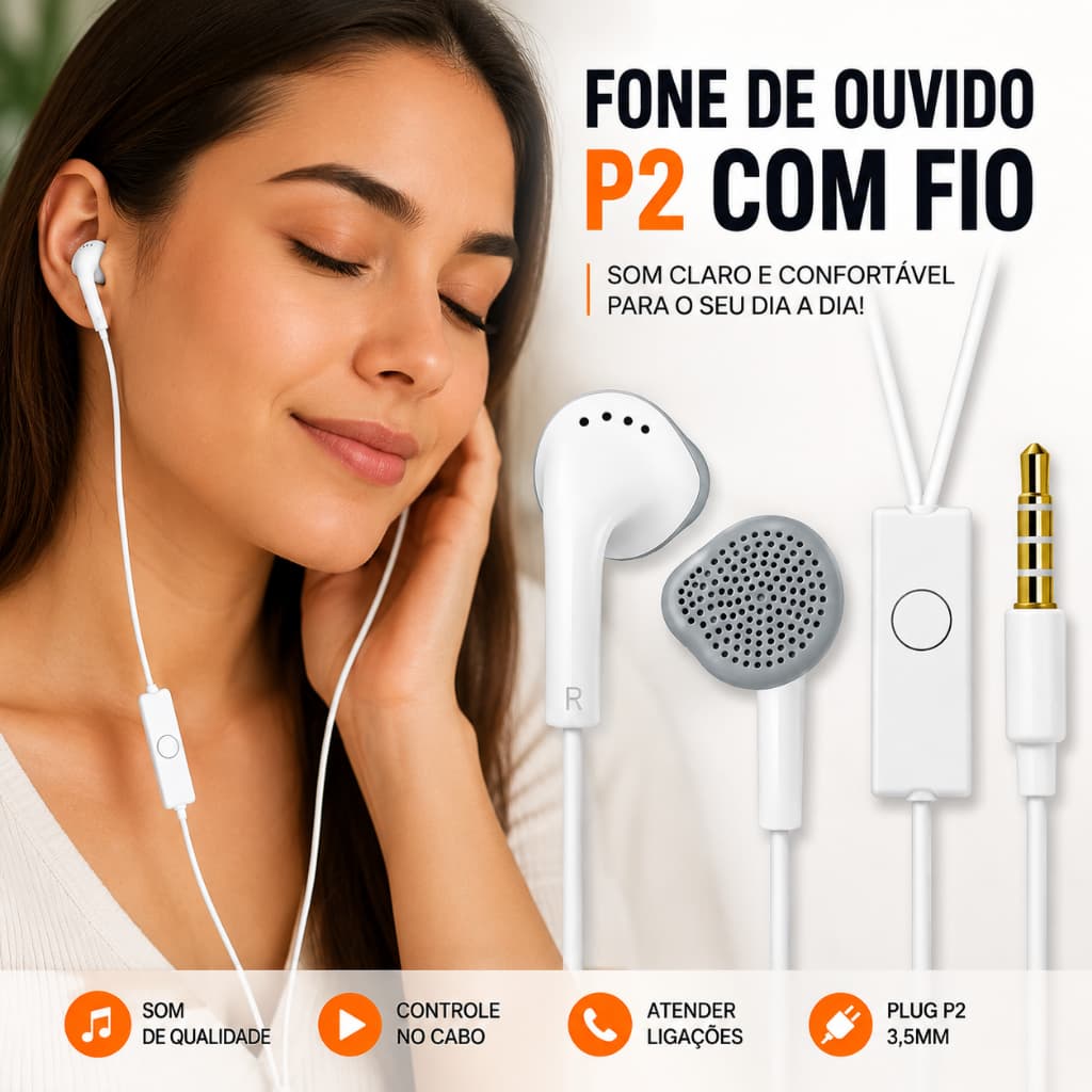 Fone de Ouvido P2 com Fio 3,5mm Som Estéreo Controle no Cabo