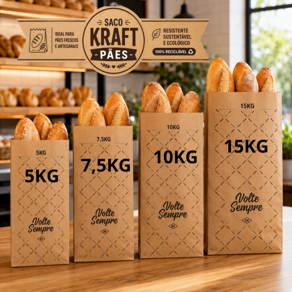 SACO PÃO KRAFT MIX PASTEL PADARIA LANCHE PÃES SALGADO ESTAMPADO VOLTE SEMPRE PARDO 5KG 7,5KG 10KG 15KG 500 UNIDADES