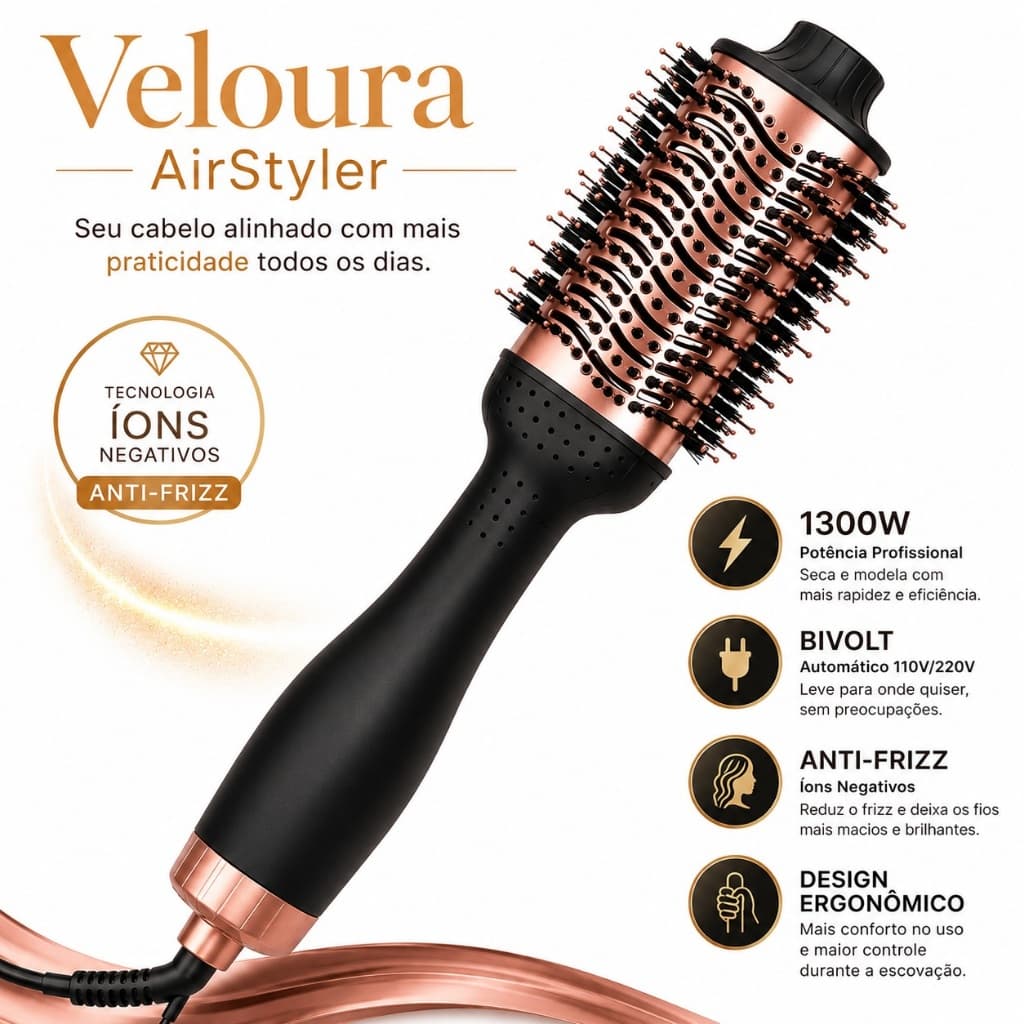 Escova Secadora Profissional 1300W Bivolt Automática Anti Frizz Modeladora de Cabelo Veloura AirStyler