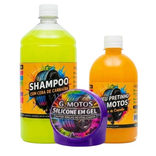 Kit Lavagem Automotiva Carro Moto 1 Shampoo Concentrado 1 Silicone Em Gel 1 Pneu Pretinho 500ml