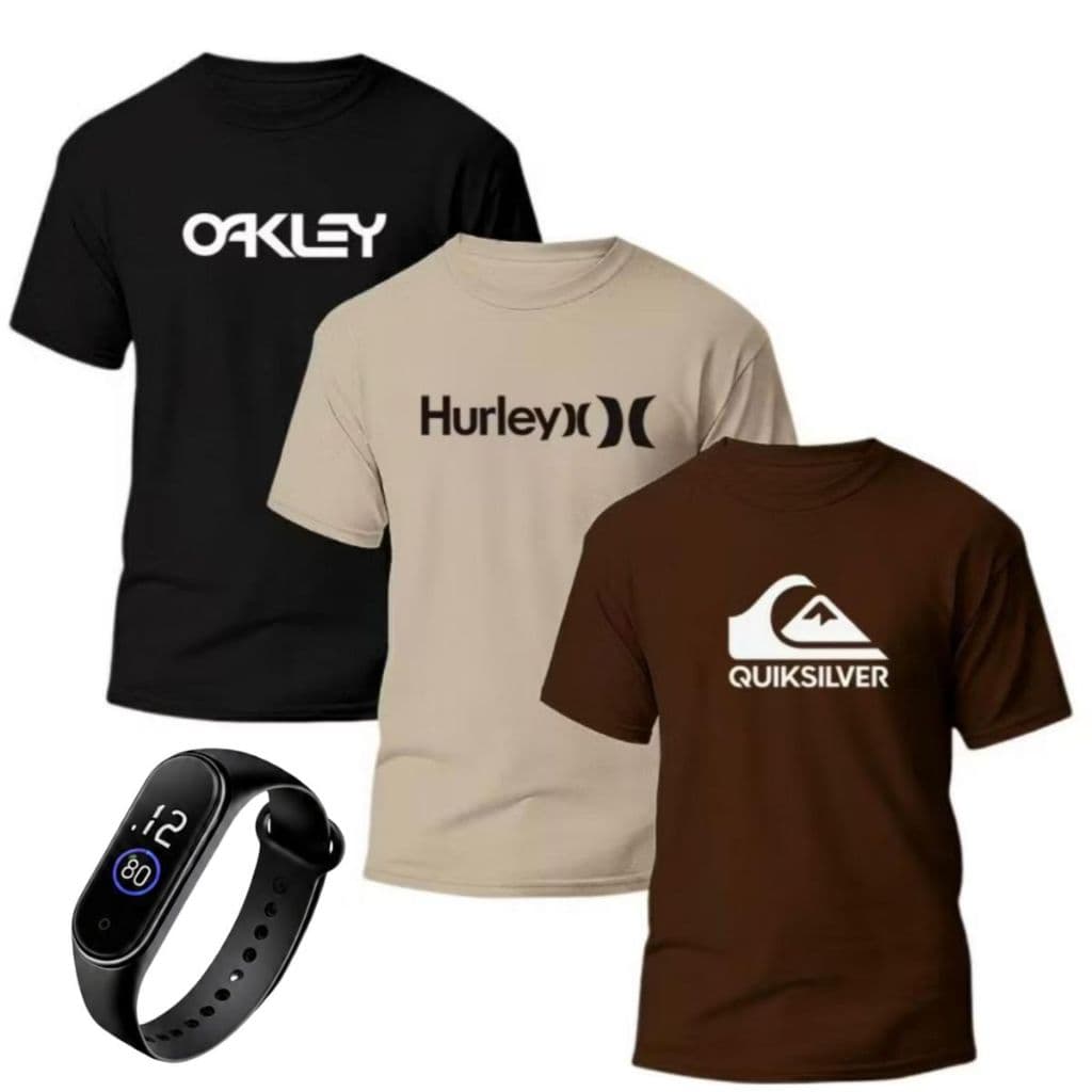 Kit 3 Camiseta Masculina 100% Algodão Camiseta + Relogio kit roupas presente Envio Imediato
