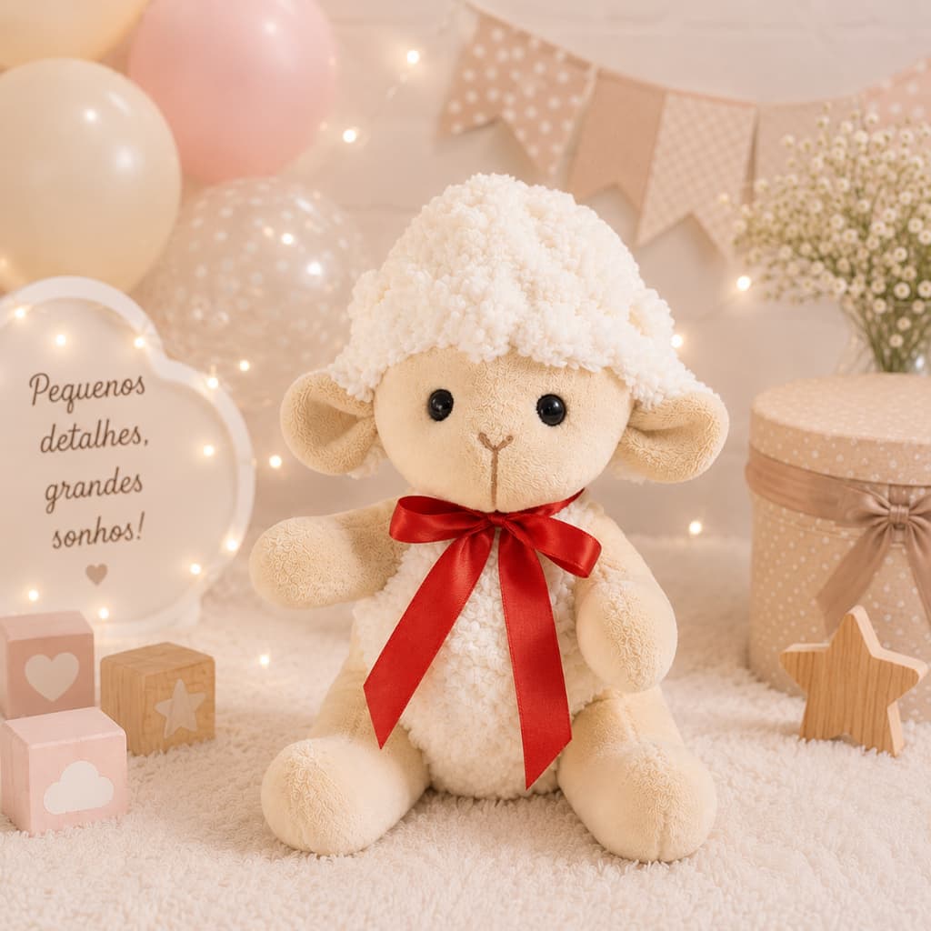 Ovelha de Pelúcia com Laço Várias Cores 24 cm em pé Brinquedo Criança e Bebê Presente Decoração Ovelhinha Articulada