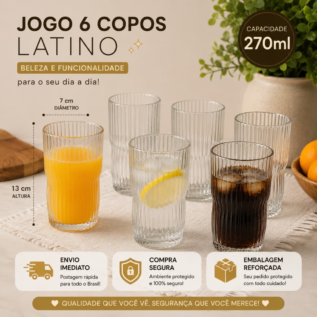 Kit com 6 Copos grandes Latino, 270ml, Lindo e Moderno, Copo Alto