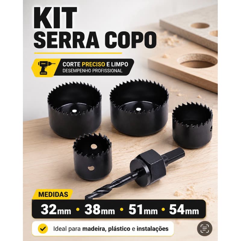 Kit Serra Copo 6 Peças para Madeira MDF PVC Plástico 32 38 51 54mm com Broca Guia e Haste