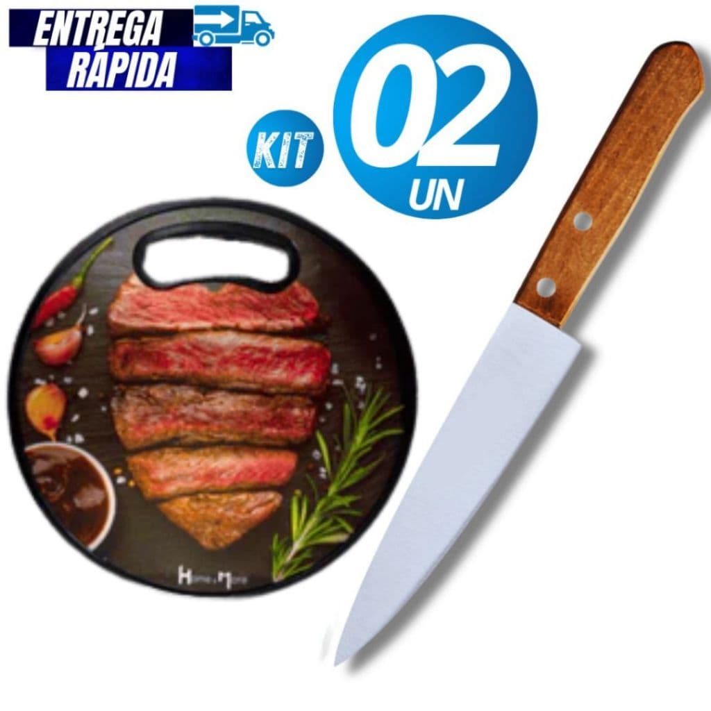 Jogo Conjunto Tabua de Carne Estampada Tábua de Corte Multiuso para Carnes e Frios Faca Inox Cabo de Madeira Utilidad