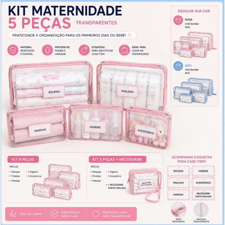 Kit Maternidade Rosa ou Azul  com Etiqueta e Necessaire de Fralda