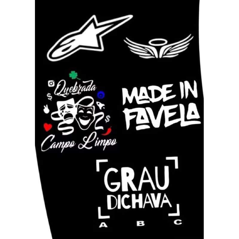 KIT 05 Adesivos Alpinistras Quebrada Campo Limpo Grau dichava Made em favela Asa de Anjo Eterno BRANCO moto