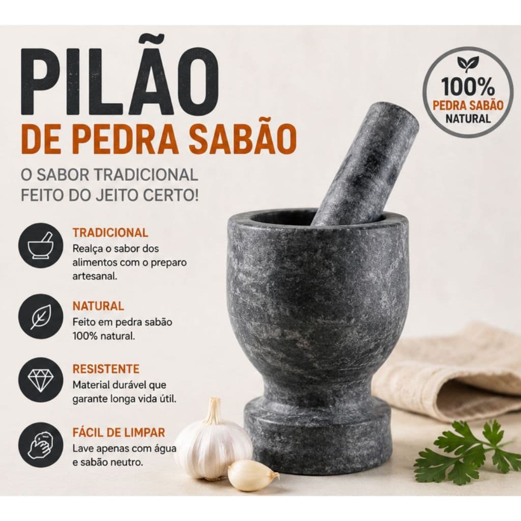 Pilão de Pedra Sabão Grande 300ml com Socador Triturador de Temperos Alho Ervas e Especiarias 10,5x13,5cm
