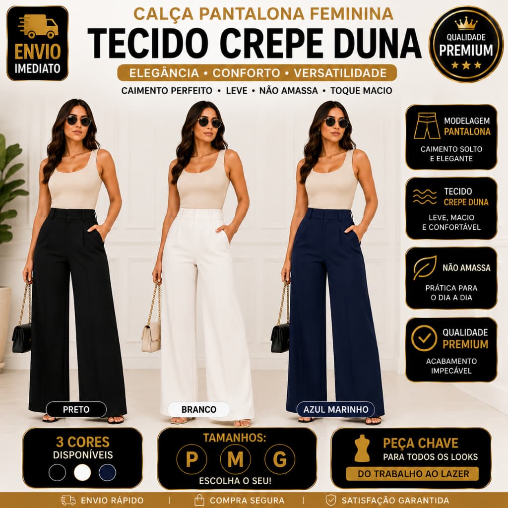 Calça Pantalona Feminina Wide Leg Crepe Duna Cargo Elegante Cintura Alta - Envio Imediato !!!