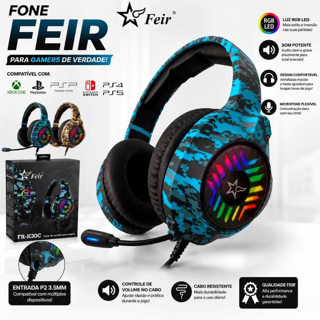 Headset Gamer Fone de Ouvido Com Microfone Para PS4, PS5, Xbox one, Celular e Computador