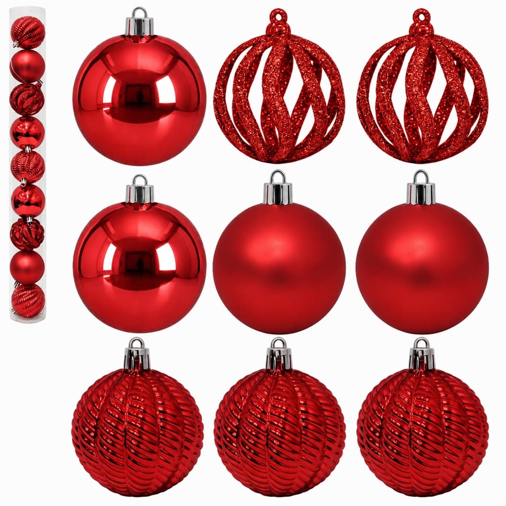 Tubo Kit 9 Bolas De Natal 6cm Vermelha Mista Fosca Lisa Glitter Vazada 3D Enfeite Árvore Premium