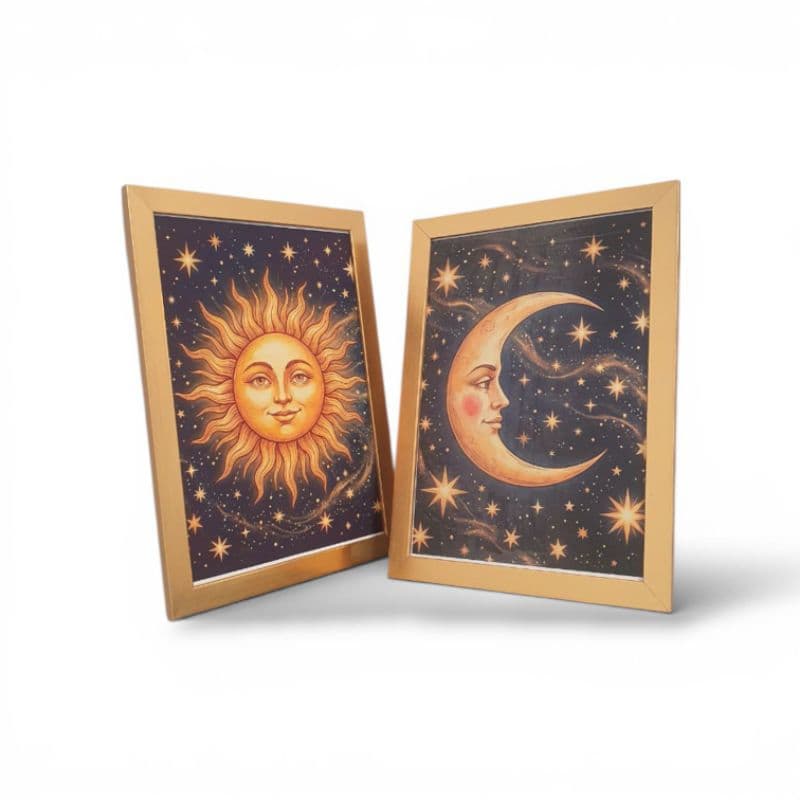 Quadro Místico Sol e Lua Celestial Moldura Dourada Decoração Místico e esotérico