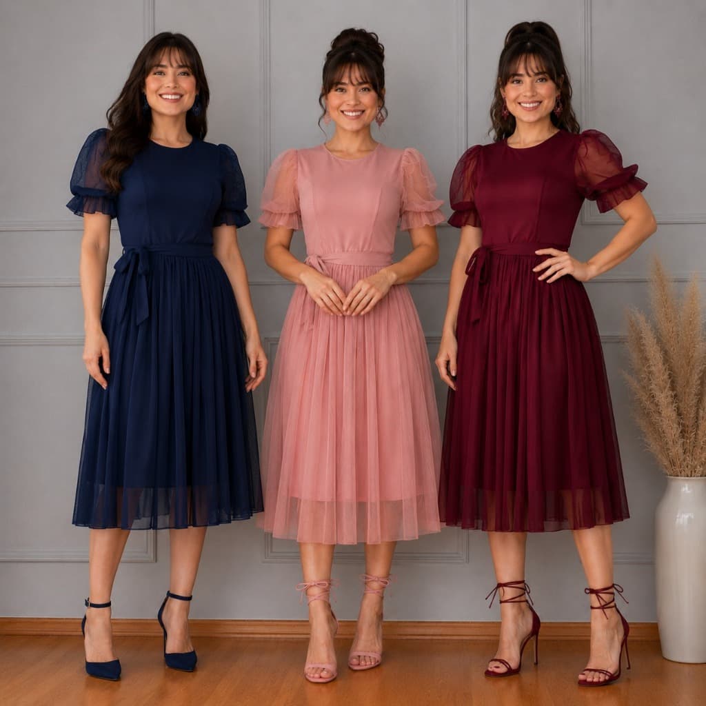 Promoção Vestido Midi Evangelico de Tule Lisso Manga Princesa com Lazo Elegante Congresso