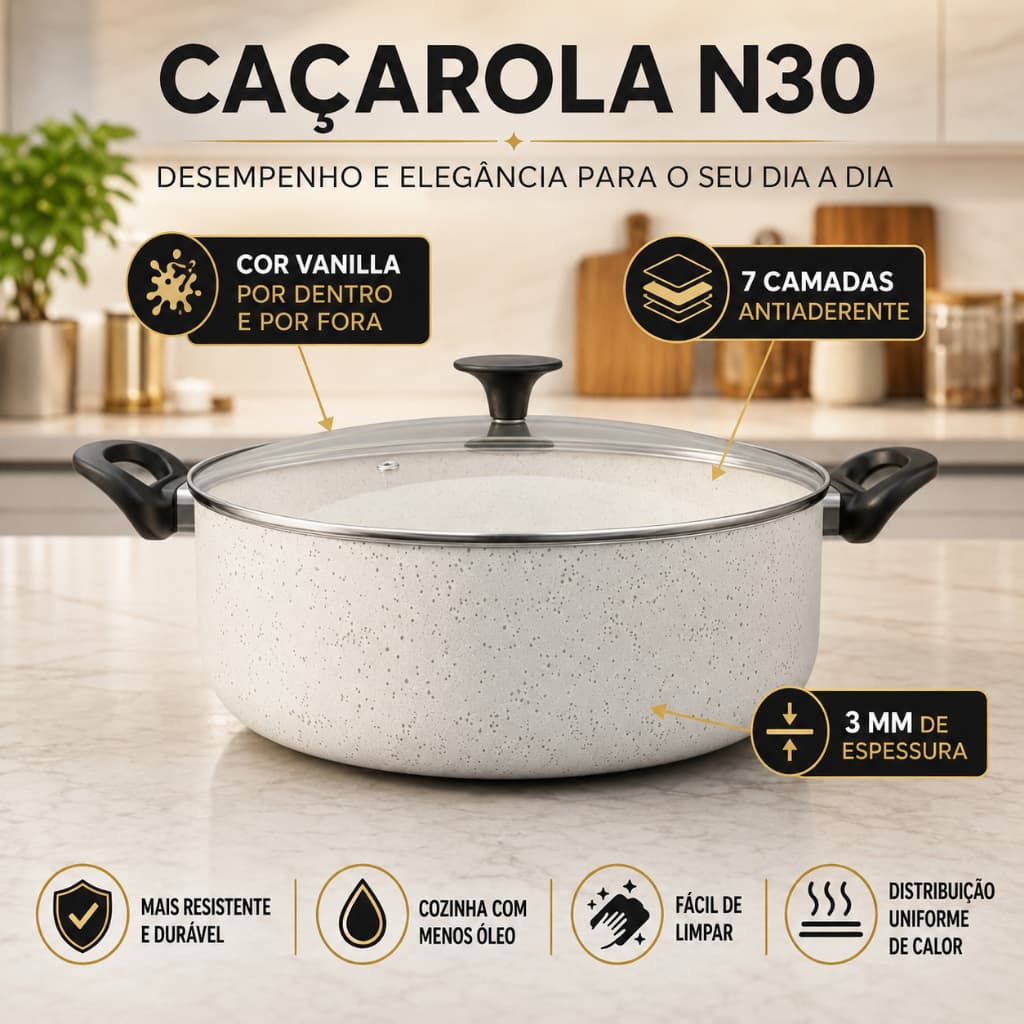Panela Grande 7,8 Litros Caçarola N30 Antiaderente 3mm de Espessura Com Tampa de Vidro Temperado