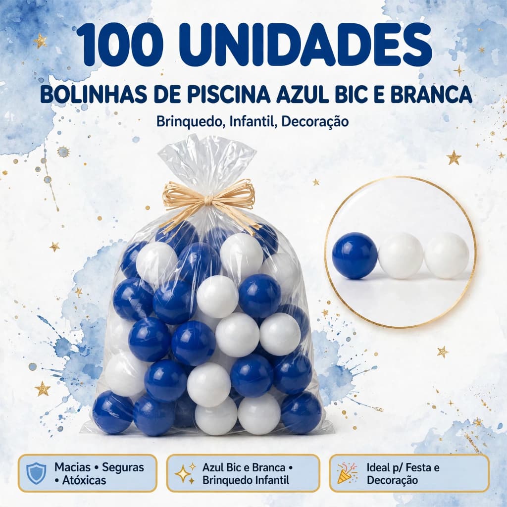 100 Bolinhas Piscina Azul Bic Branco 7cm Atóxica Infantil Mix Bola Festa Decoração Menino