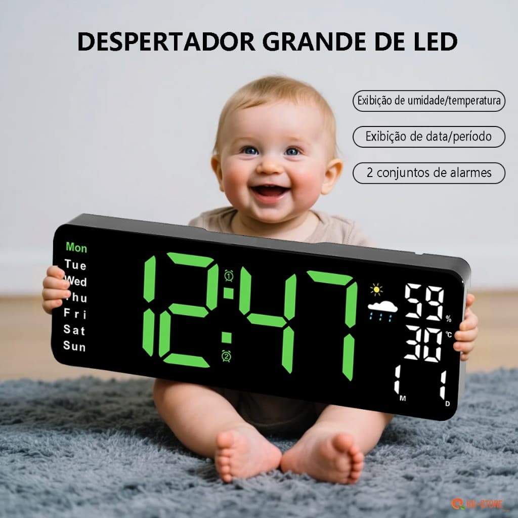Relógio De Parede Digital Grande LED Temperatura Umidade 2 Alarmes 2 Cores Disponível