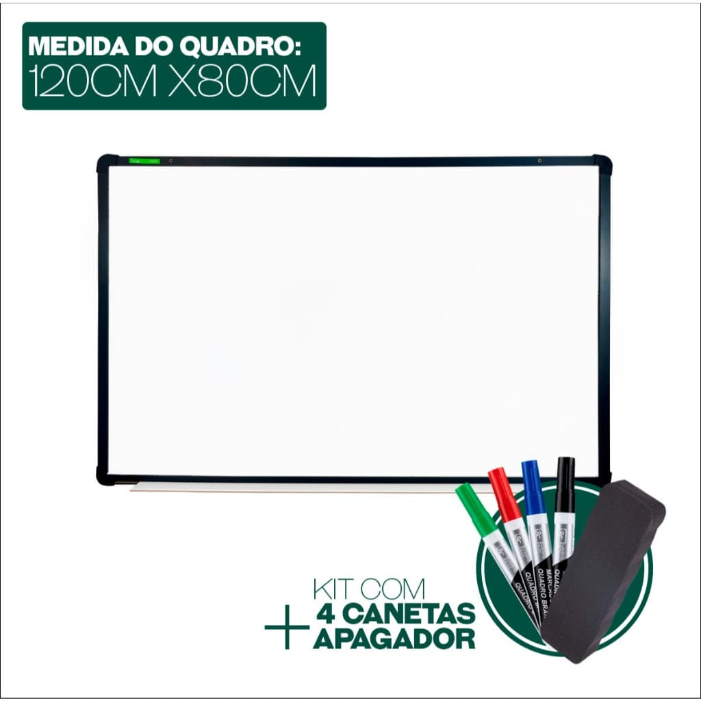 Quadro Branco 120x80cm Lousa Branca UV Moldura MDF Preto Soft + 4 Canetas + 1 Apagador