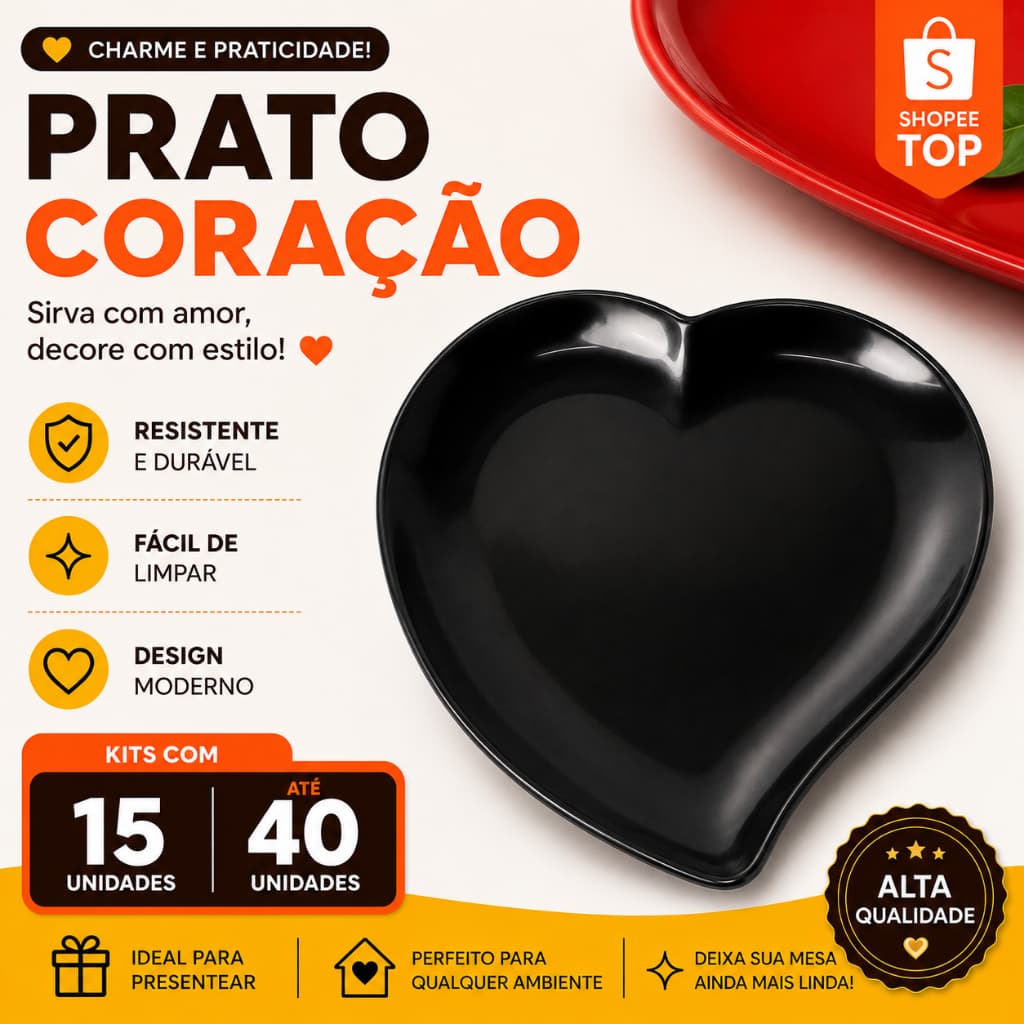Kit 15 a 40 Bandejas Coração de Plástico Prato Decorativo com Opção de Divisórias Atacado Festa