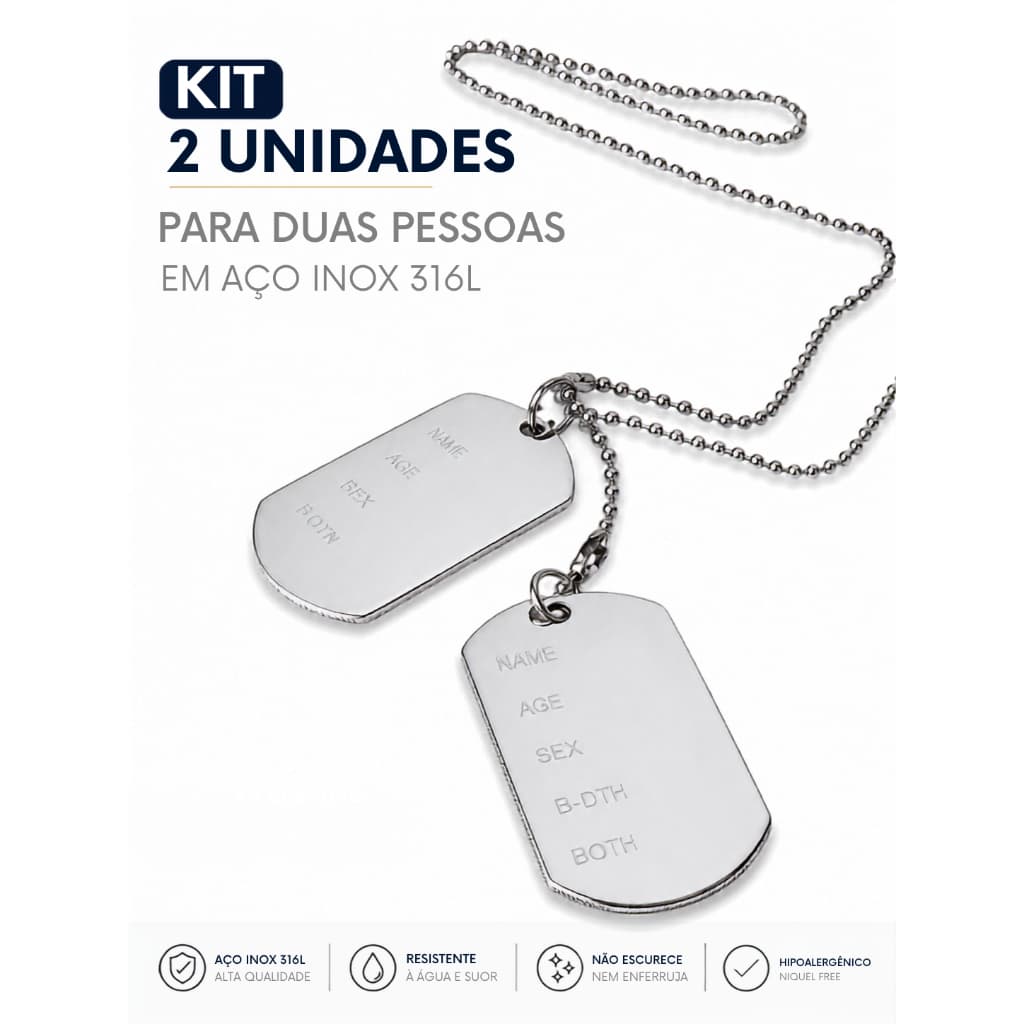 Corrente Militar Exército Plaquinha Unissex Dog Tag Aço Inox Prateado