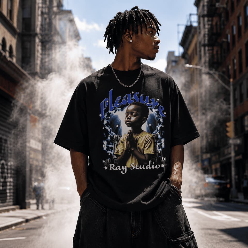 Camiseta Oversized Ray Pleasure Streetwear Unissex Estampada Premium Algodão Preta Casual Fashion