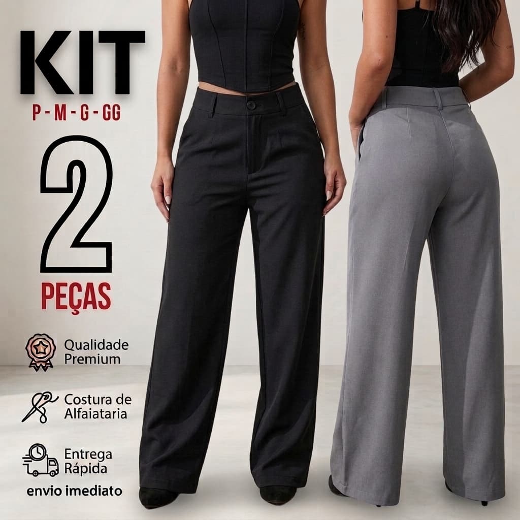 Kit 2 Calça Pantalona Alfaiataria PREMIUM Wide Leg Cintura Alta Social Com Bolso PROMOÇÃO