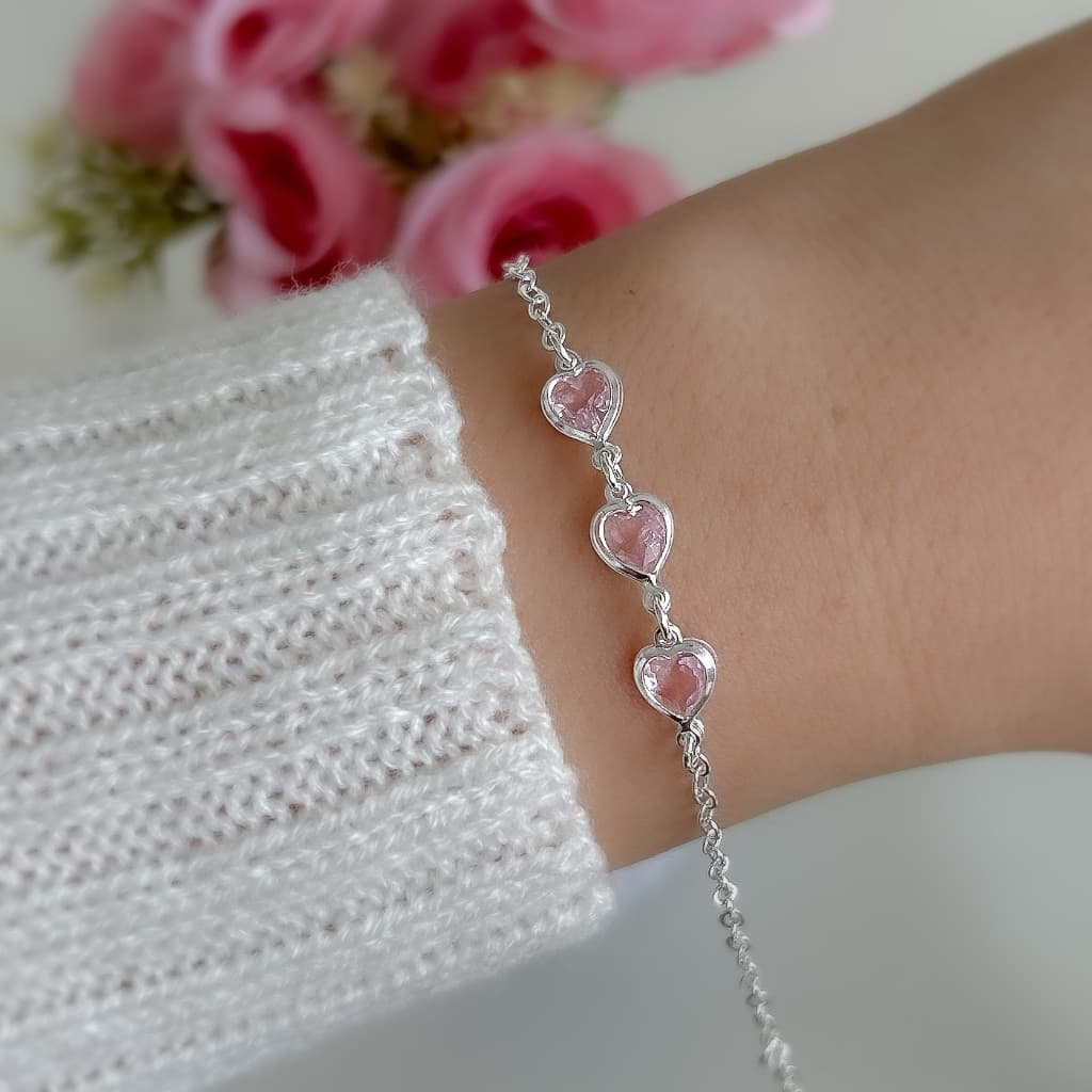 PULSEIRA PRATA BATIDINHA TRES CORACOES ZIRCONIAS ROSA CLARO PRATA 925