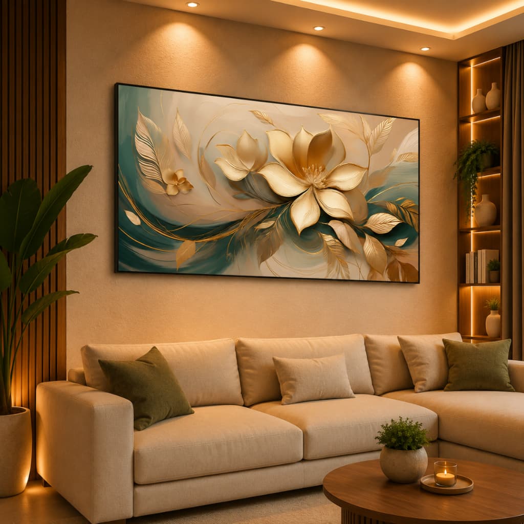 Quadro Decorativo Mármore Flor Dourada 80x110cm Decoração de Parede Hall Luxo Sala Quarto MDF
