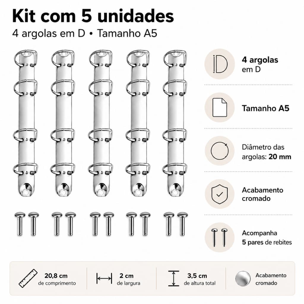 5 Garra Em D Para Fichário Circular 4 Argolas 25mm - P/ A5 Planner Ferragem Encadernação Pasta Fichário