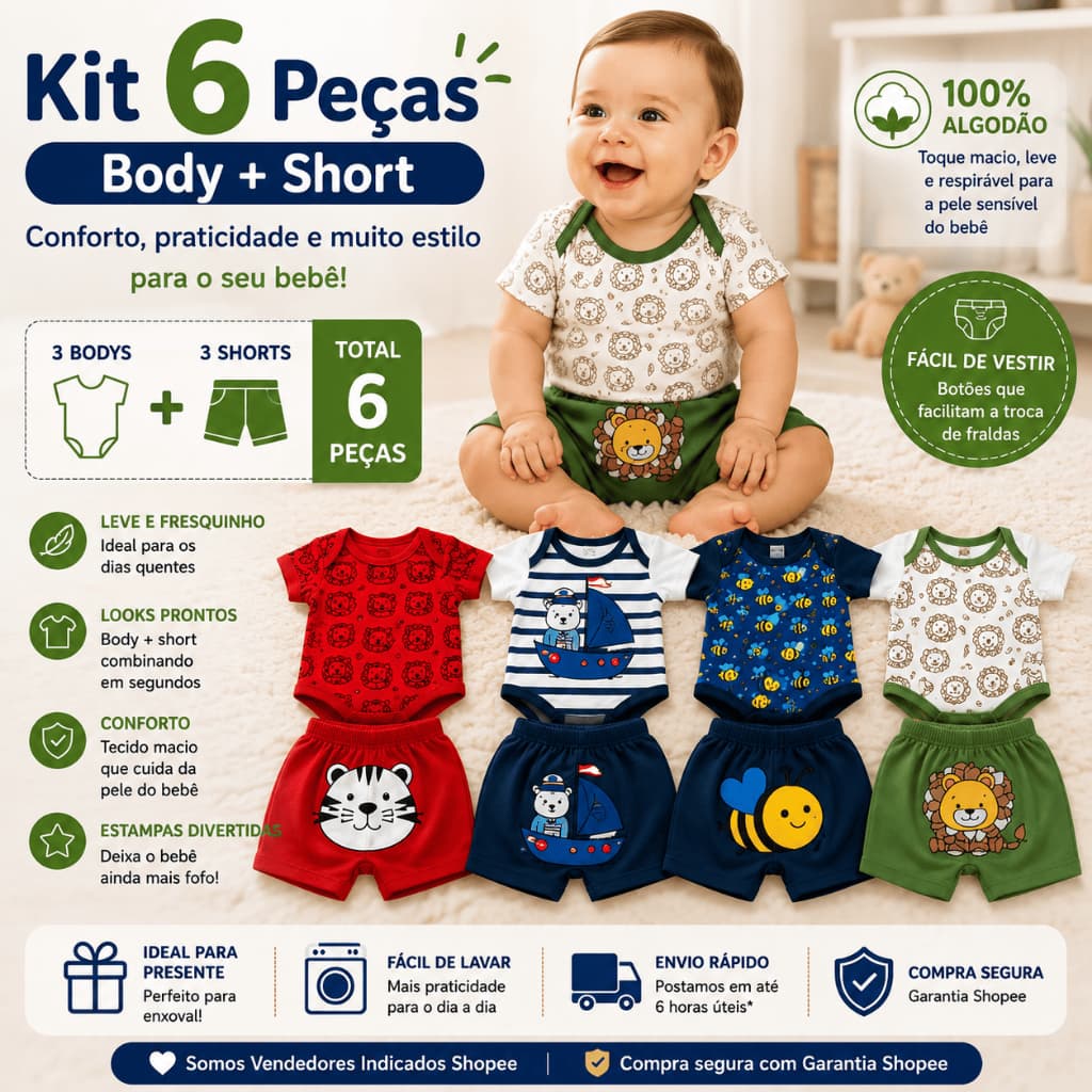 Kit 6 Peças Roupa De Bebê Body Menino Animado Estampado Algodão