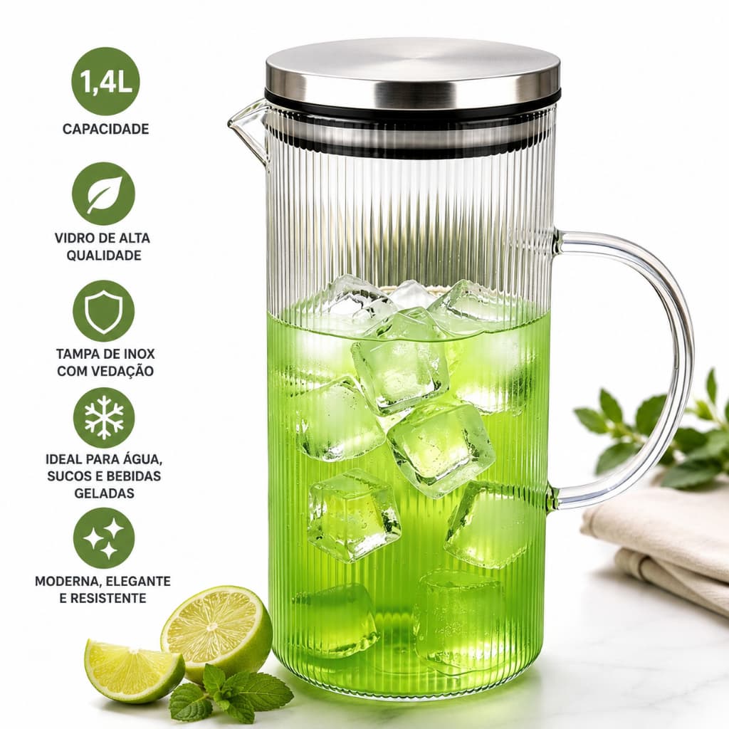 Jarra Vidro Resistente Marine Suco Agua Cha 1400 Ml Tampa Inox Mesa Cozinha