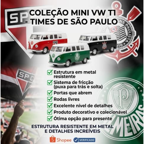 Miniatura Kombi T1 1963   times futebol corinthians - pameiras - sao paulo | 12,5 CM com Fricção | Escala 1:32 diecast