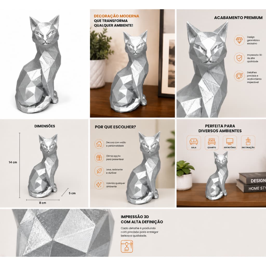 Escultura Decorativa Gato Low Poly Impressão 3D Design Moderno
