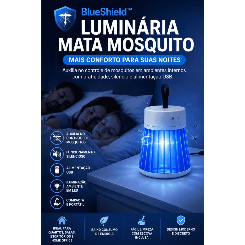Luminária Mata Mosquito USB Elétrica Portátil BlueShield™ Repelente Anti Insetos Black Bull para Quarto Sala Escritório