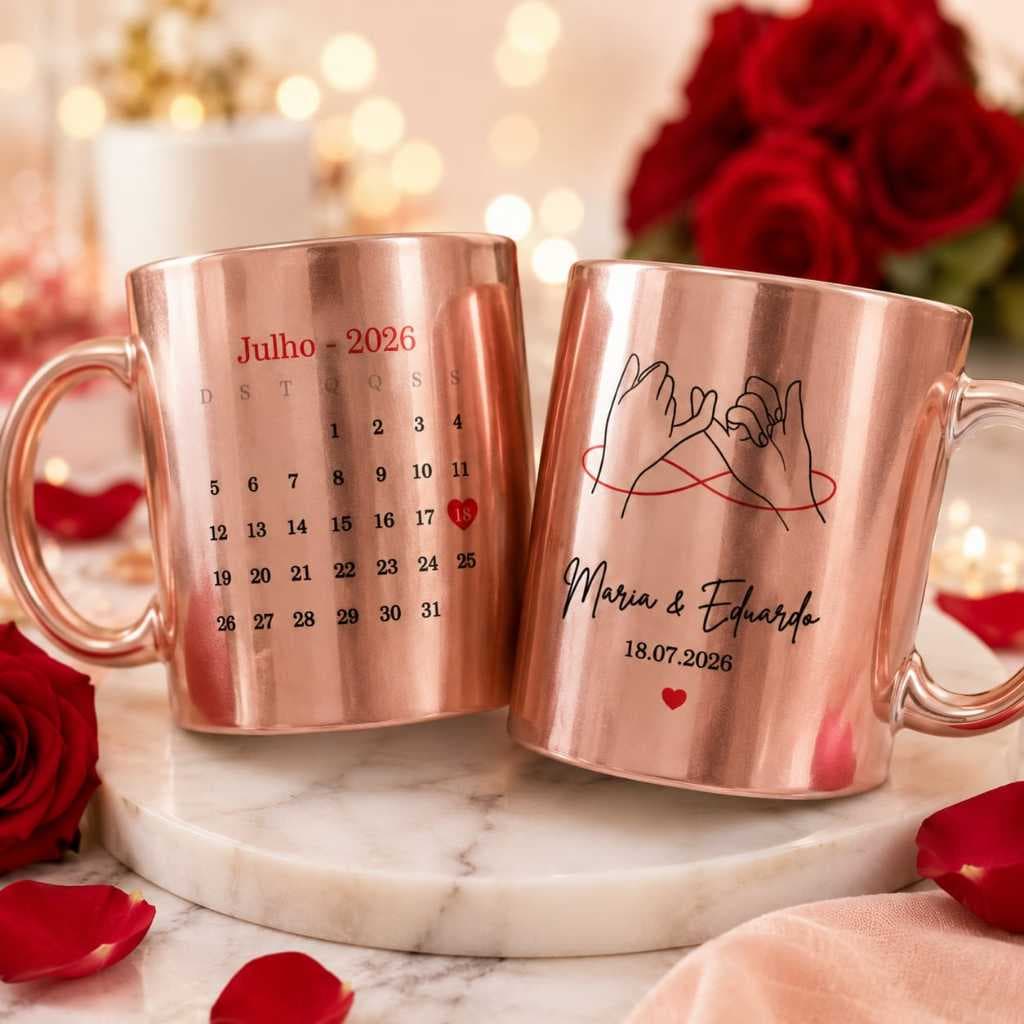 Caneca Metalizada Rosé Gold Personalizada com Calendário do Casal | Data Especial + Nomes | Presente Romântico