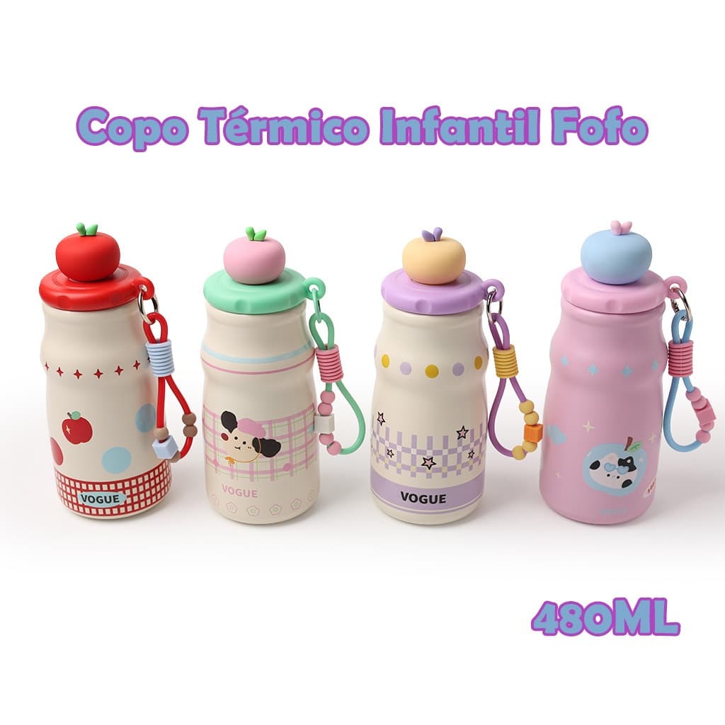 Garrafa Térmica Infantil Kawaii 480ml Aço Inox Com Canudo Tampa Maçã Filtro de Chá Alça Escolar