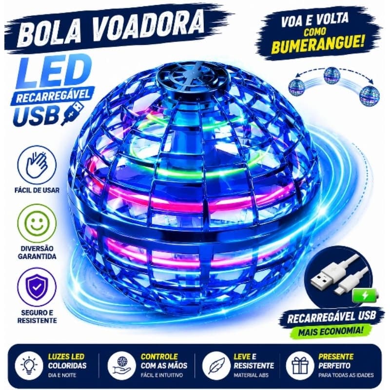 Bola Voadora LED Recarregável USB Spinner Fly Bumerangue Drone de Mão Brinquedo Infantil e Adulto